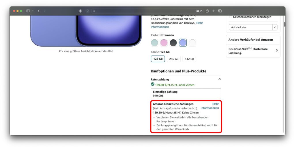Auf der Amazon-Produktseite des iPhone 16 und iPhone 16 Plus gibt es unter der Modellauswahl die Möglichkeit, die Ratenzahlung zu aktivieren.