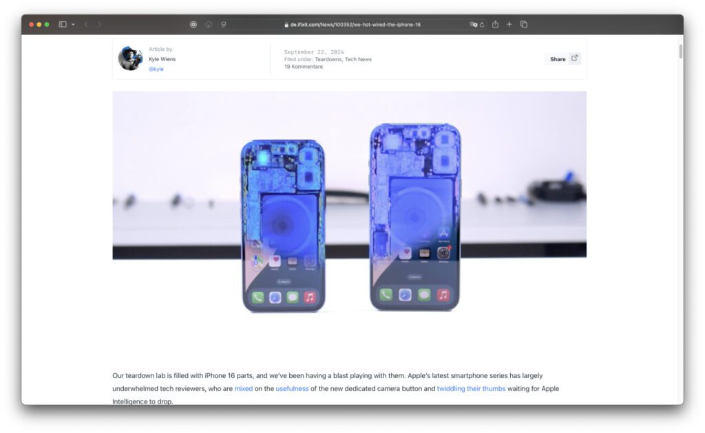 Bei iFixit wird der gesamten iPhone-16-Reihe von Apple auf den Zahn gefühlt. Der allgemeine Aufbau, die neuen Elemente, die Reparierbarkeit und mehr werden beleuchtet. Wie seit einigen Jahren üblich sorgen auch Röntgenbilder der Geräte für einen eindrucksvollen Einblick.