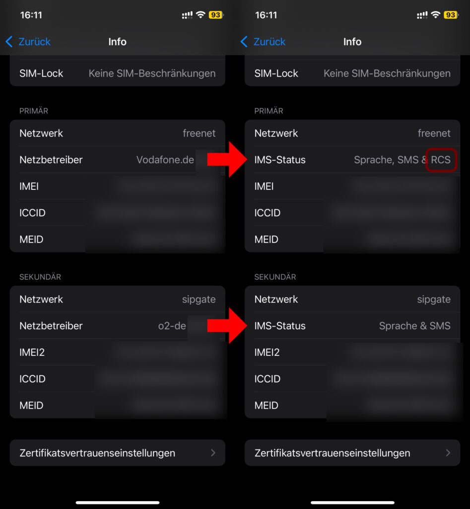 In den Einstellungen lässt sich unter Allgemein -> Info überprüfen, ob die verwendeten Mobilfunk-Tarife mit dem RCS-Standard kompatibel sind.