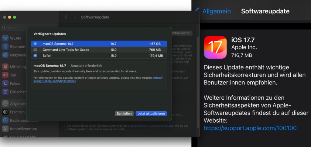 Wichtige Sicherheitsupdates stehen auf iPhone, iPad und Mac unter Einstellungen -> Allgemein -> Softwareupdate bereit. Denn nicht nur neue Hauptversionen, sondern auch die x.7-Updates der Vorgänger wurden ausgegeben.