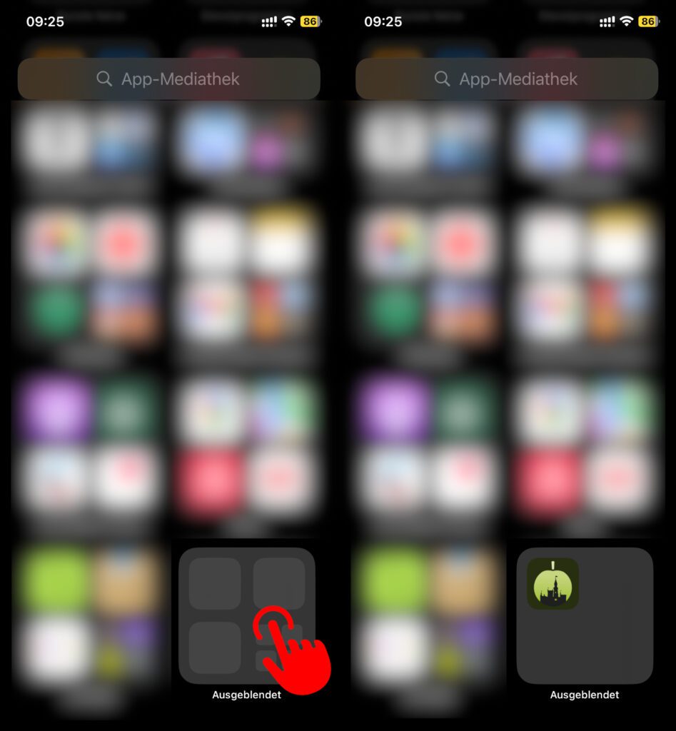 Die versteckte iPhone-App befindet sich im Ausgeblendet-Ordner, ganz unten in der App-Mediathek von iOS.