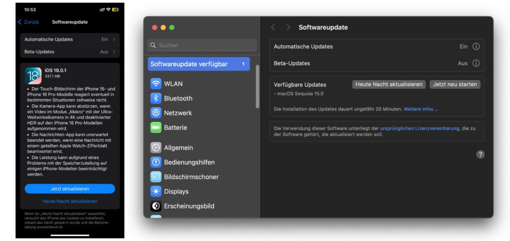 Beispiele für die Updates auf dem iPhone und dem Mac. Zu finden sind die Updates in den Einstellungen, im Bereich "Allgemein" sowie dort unter "Softwareupdate".