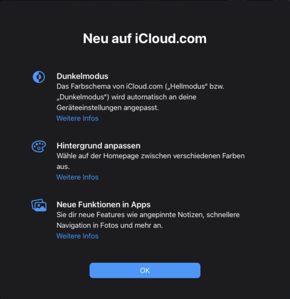 Nach dem Einloggen auf der iCloud-Webseite wird man mit einem Hinweis auf die Neuerungen begrüßt.