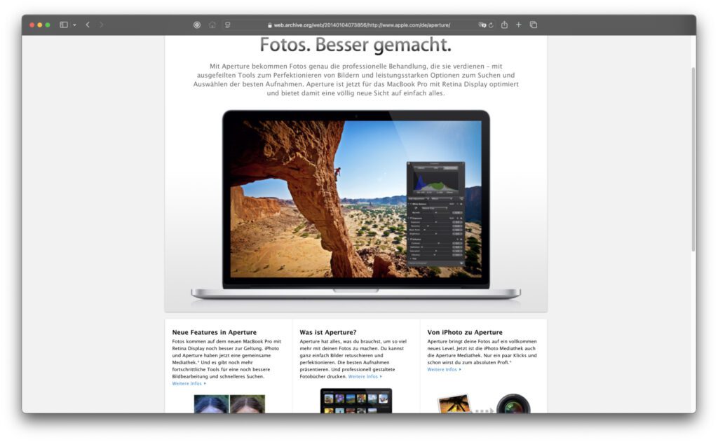 Apple bot am Mac vor der Fotos App die Aperture App an, welche der Bearbeitung von digitalen Fotos diente. Der Screenshot zeigt die dazugehörige Apple-Webseite Anfang 2014.