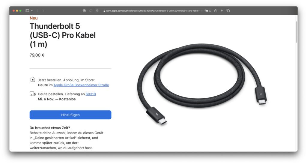 Apple bietet das hauseigene Kabel für Thunderbolt 5 zu einem Preis von 79€ an. Die Konkurrenz mit ebenfalls 1 Meter Länge wird für nur 34,99€ verkauft.