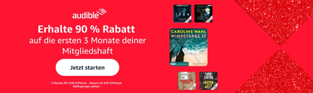 Aktueller Deal: Drei Monate Audible-Mitgliedschaft für nur 99 Cent pro Monat. Auch für bisherige User, die gerade pausieren, nutzbar. Angebot gilt bis Januar 2025.